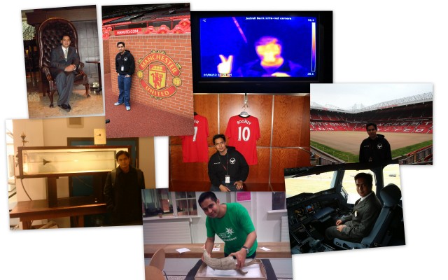 From top left, At the Midlands hotel(where Rolls and Royce met for for Rolls-Royce), At the Man United stadium(the theater of dreams), An infrared image of me at Jordell Bank, With the original Reynolds Apparatus(created by Osborne Reynolds), At the hangout room of the Man U team, Man U stadium, Holding a 1000s year old bisons tusk, Inside the cockpit of the first prototype of the World's largest passenger aircraft the Airbus A380, with all systems active.