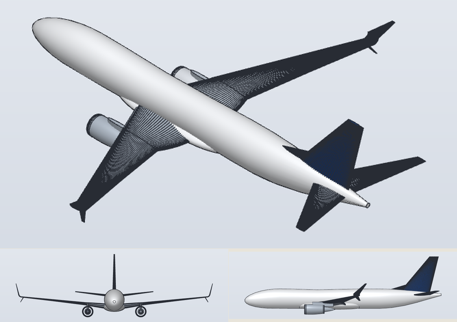 The airliner model in the SolidCraft viewport: three-quarter view above, front and side views below