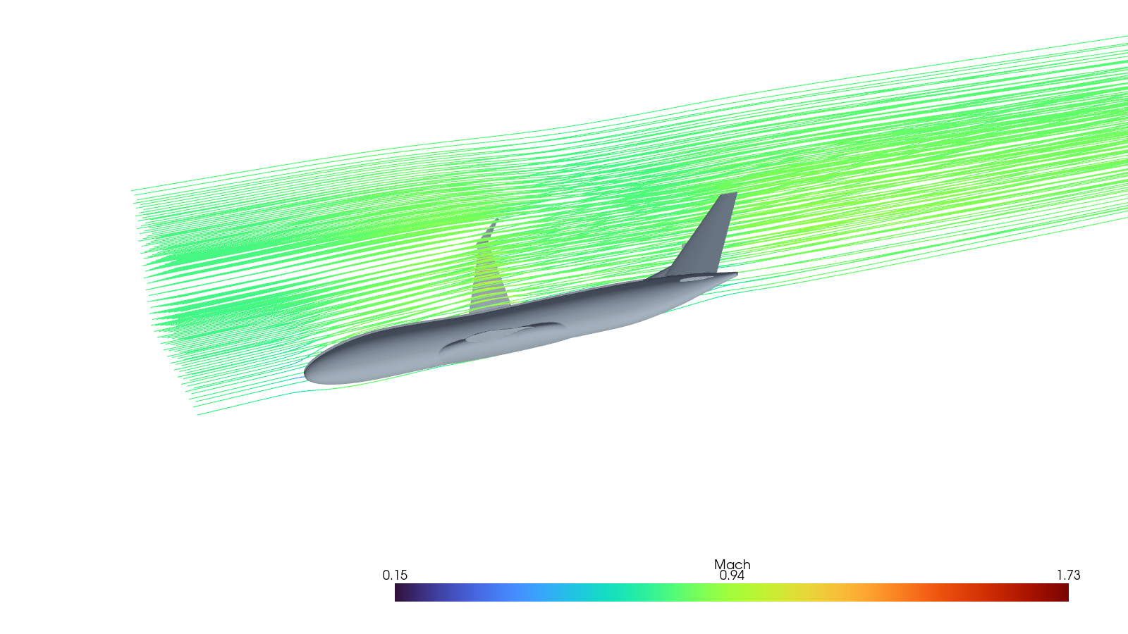 Streamlines from the transonic RANS solution flowing over the agent-designed airliner