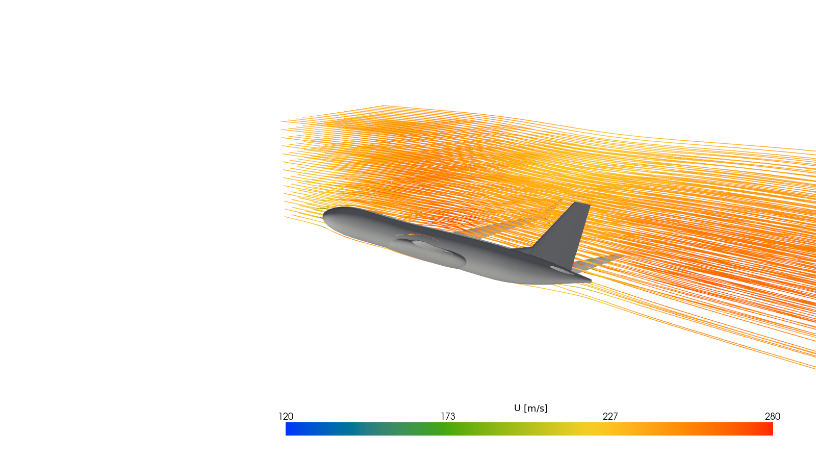 Freestream streamlines over the full aircraft, colored by velocity magnitude