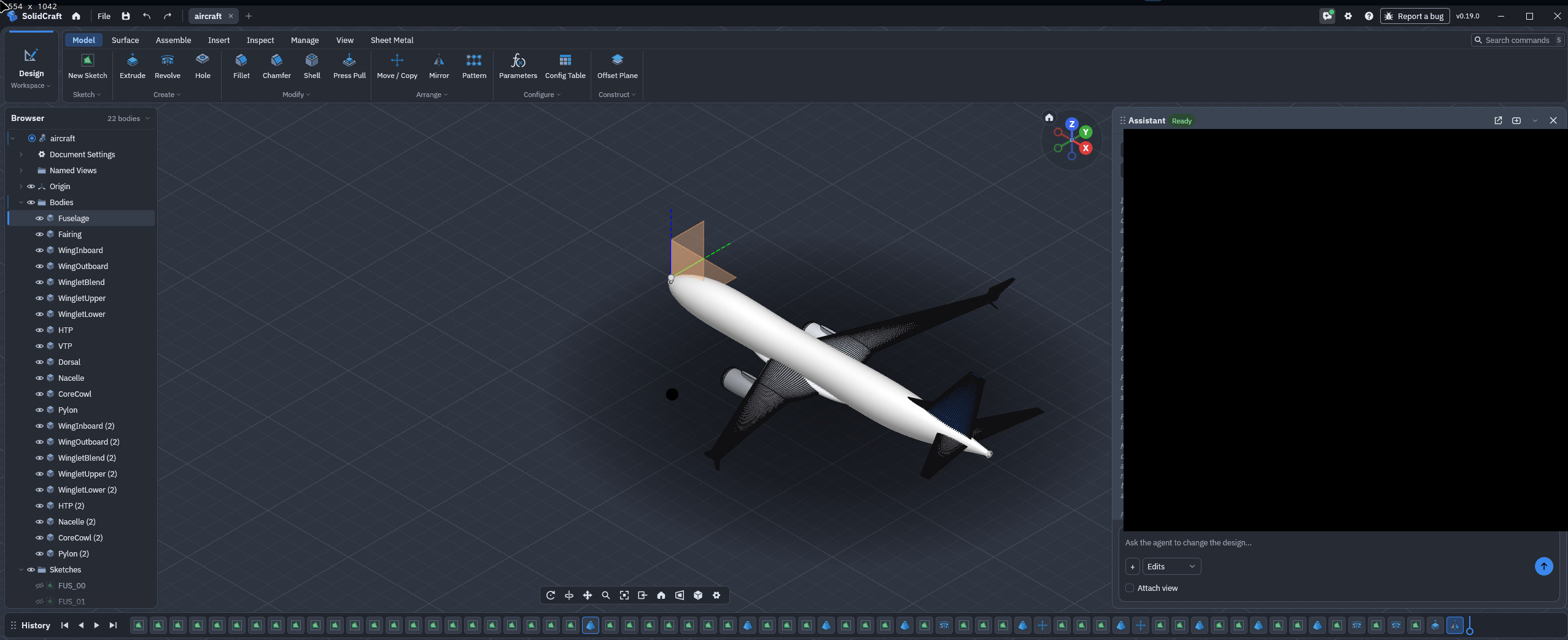The airliner open in SolidCraft: named bodies in the feature tree and the parametric timeline along the bottom