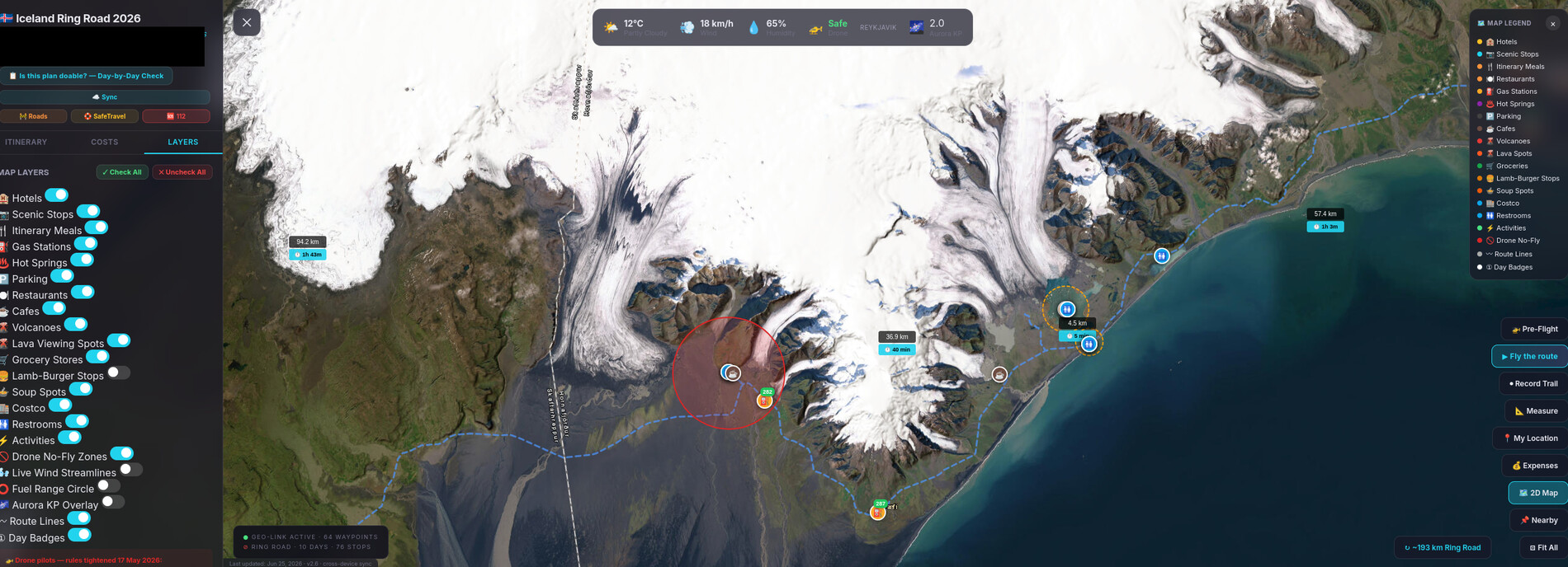 The Layers tab of the app showing all 20 toggleable layers, with a red drone no-fly circle drawn over the Vatnajökull region on a satellite basemap