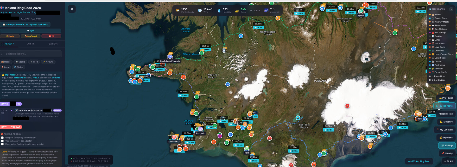 The Iceland Ring Road 2026 app: full-country map with the route, itinerary sidebar, weather strip, layer legend, and 76 stops